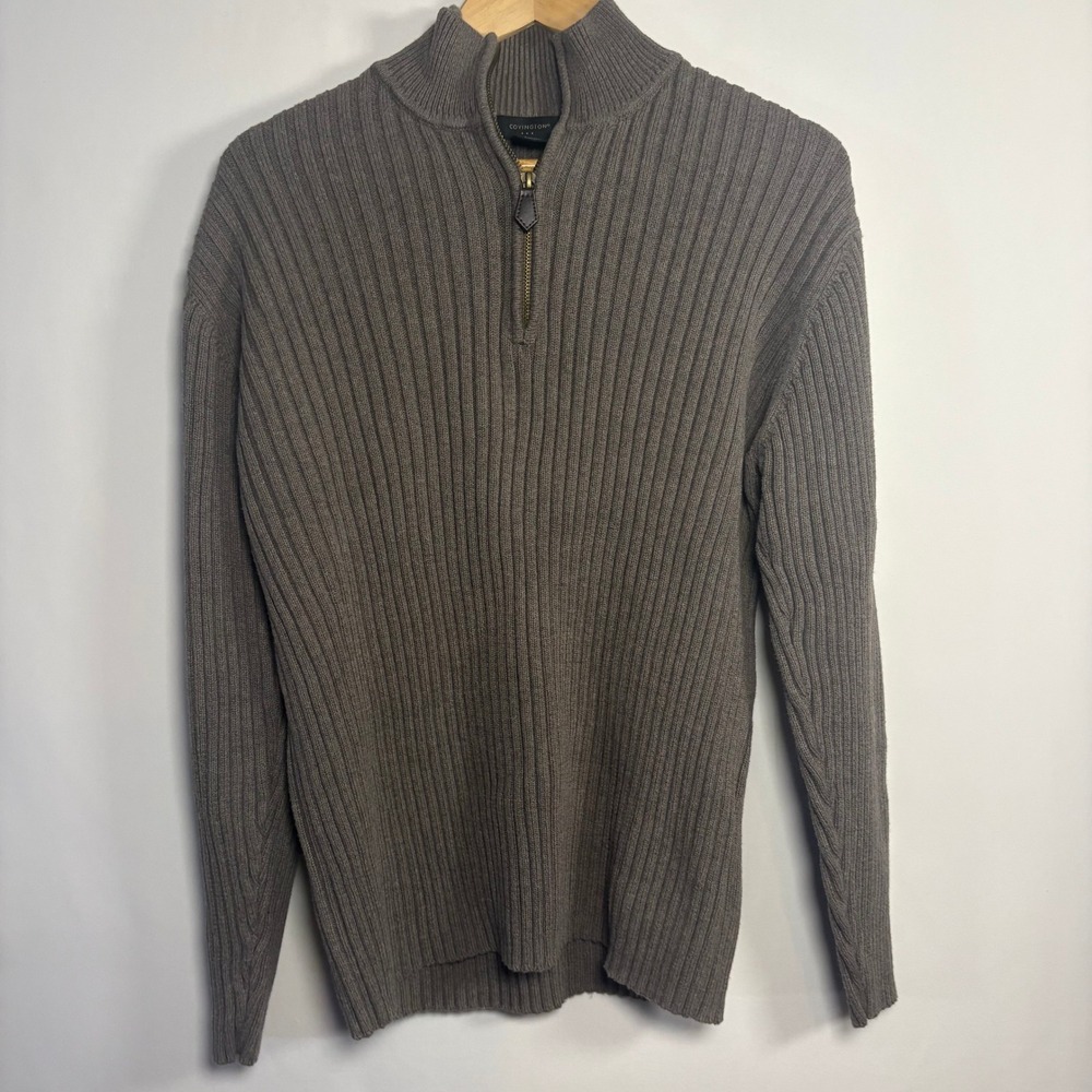 Covington Mens XL Quarter Zip Sweater Taupe Brown Ribbed 100% Cotton Mock Neck